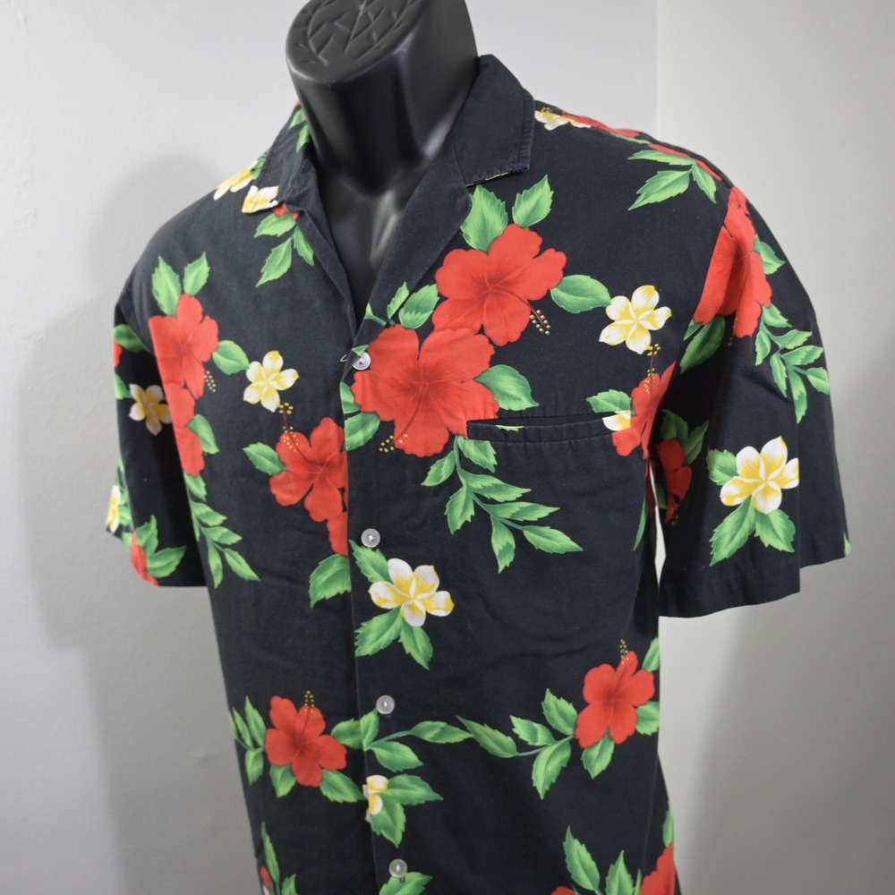 Royal Creations Hawaii Button Up Mens Medium Black Hibiscus Floral Short Sleeve